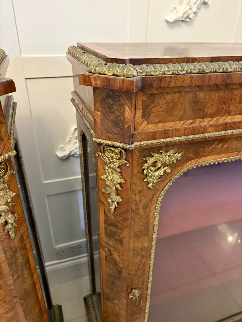 Antique Exceptional Pair of Victorian Burr Walnut Pier Cabinets with Ormolu Mounts - Image 10